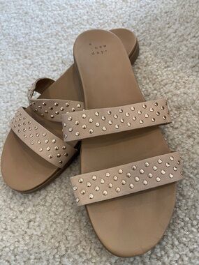 A New Day Studded Double Strap Slide Sandals - Nude Faux Leather size 8